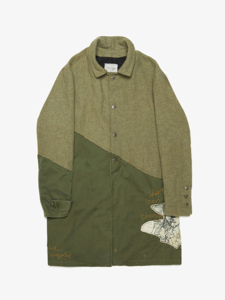Greg Lauren 50/50 Tweed Embroidered Trench Coat - Green/Army