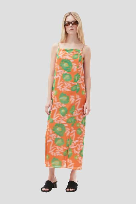 Ganni Printed Light Crepe Slip Dress - Vibrant Orange
