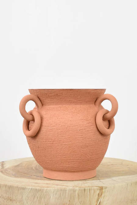 Ruby Bell Ceramics Urn With Asymmetrical Handles & Rings - Terracotta